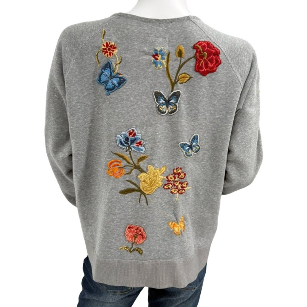 DRIFTWOOD Small Zip Up Hoodie Heathered Gray Floral Butterfly Embroidered Teddy - Picture 3 of 15